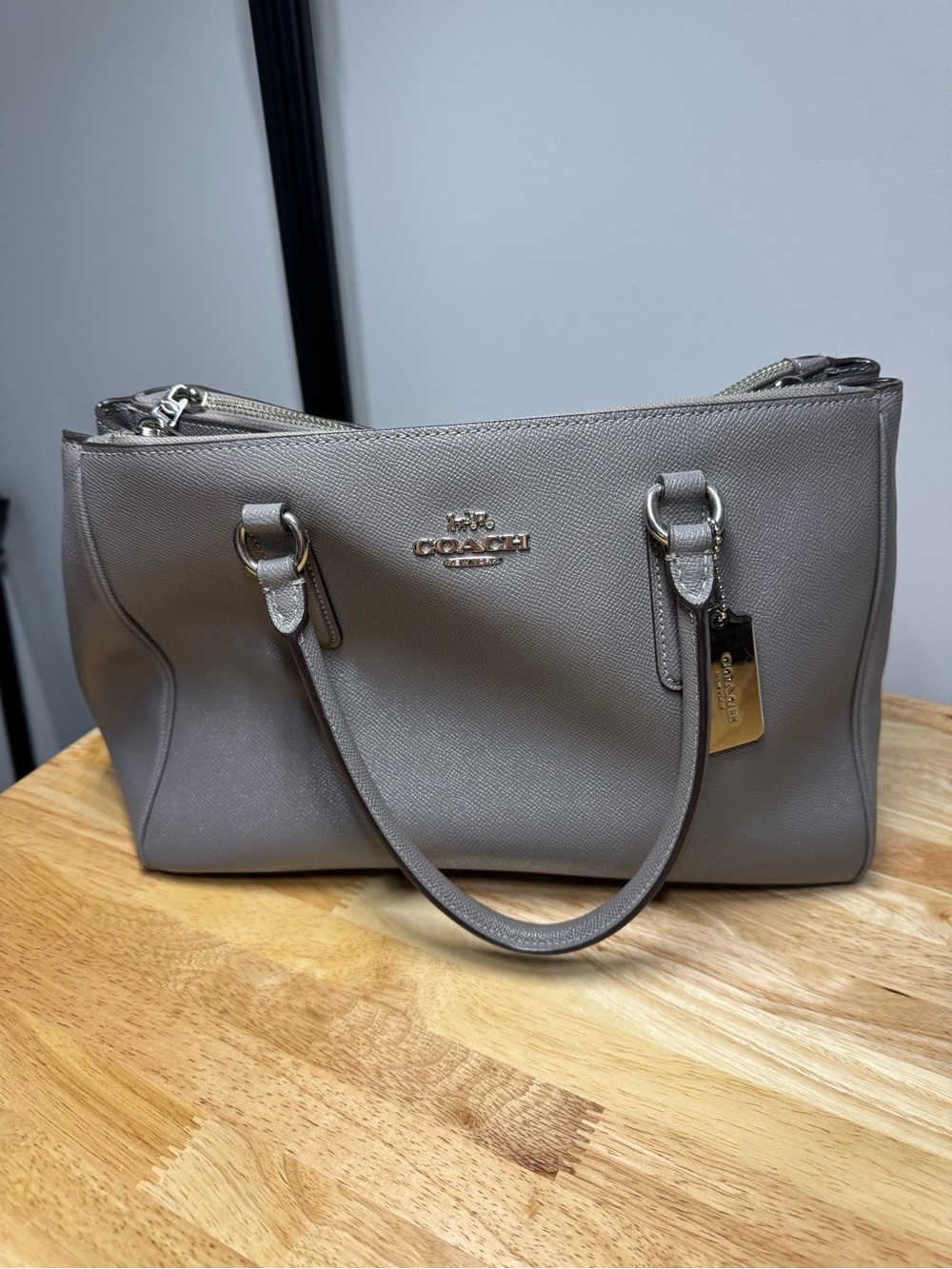 Coach Saffiano Leather Shoulder Tote in Taupe